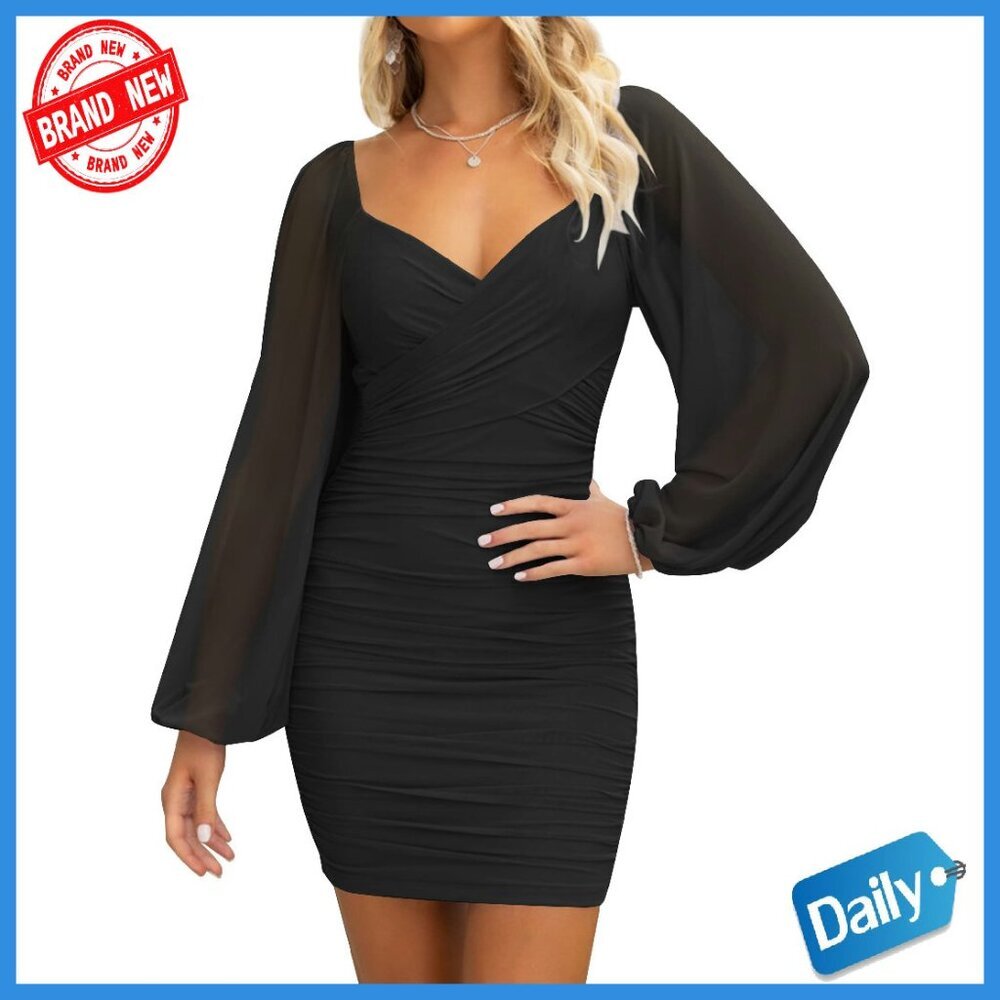 Sexy V Neck Ruched Bodycon Mini Dress Puff Long Sleeve Cocktail Party